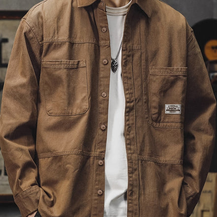 Men'S Vintage Olive Green Work Shirt - Loose Fit Long Sleeve Casual Button-Up with Multiple Pockets, Non-Stretch Fabric, Ideal for Spring/Fall, Casual Attire|Vintage Style Shirt|Durable Fabric Shirt