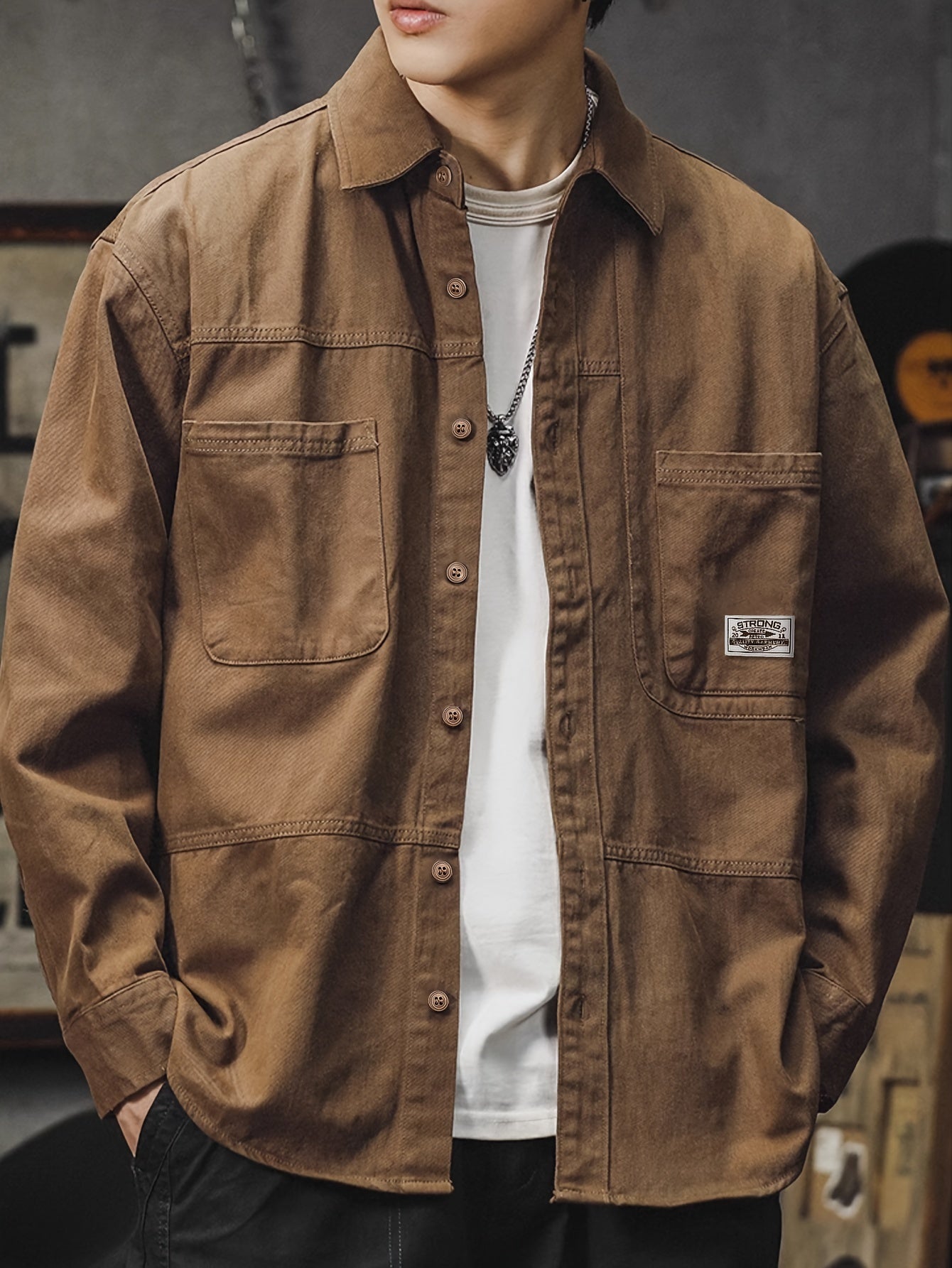 Men'S Vintage Olive Green Work Shirt - Loose Fit Long Sleeve Casual Button-Up with Multiple Pockets, Non-Stretch Fabric, Ideal for Spring/Fall, Casual Attire|Vintage Style Shirt|Durable Fabric Shirt