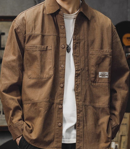 Men'S Vintage Olive Green Work Shirt - Loose Fit Long Sleeve Casual Button-Up with Multiple Pockets, Non-Stretch Fabric, Ideal for Spring/Fall, Casual Attire|Vintage Style Shirt|Durable Fabric Shirt