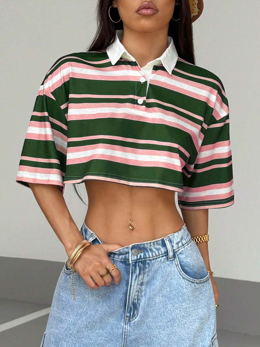 Paris&Fifth™| Women’s Striped Contrast Polo Tee