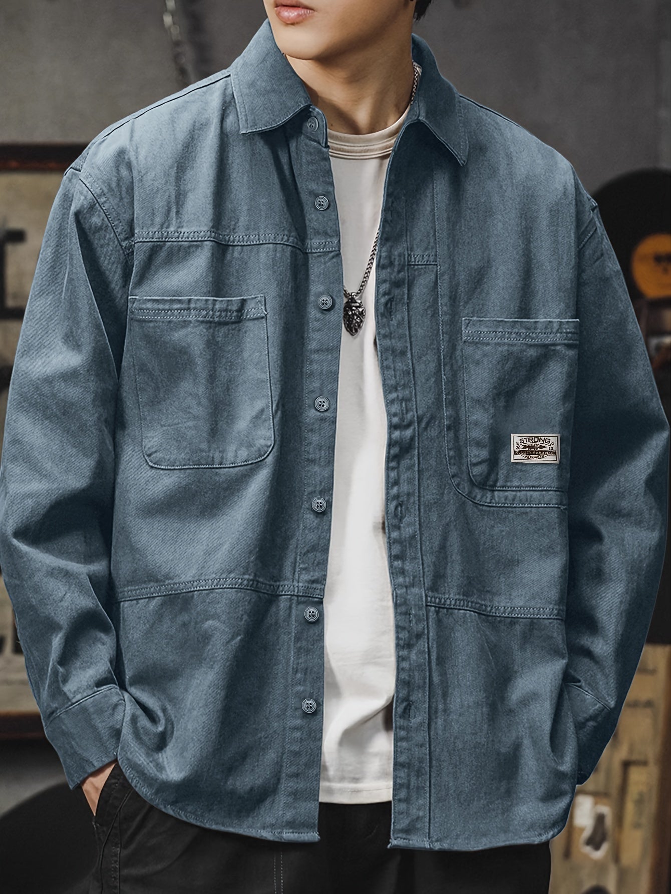 Men'S Vintage Olive Green Work Shirt - Loose Fit Long Sleeve Casual Button-Up with Multiple Pockets, Non-Stretch Fabric, Ideal for Spring/Fall, Casual Attire|Vintage Style Shirt|Durable Fabric Shirt