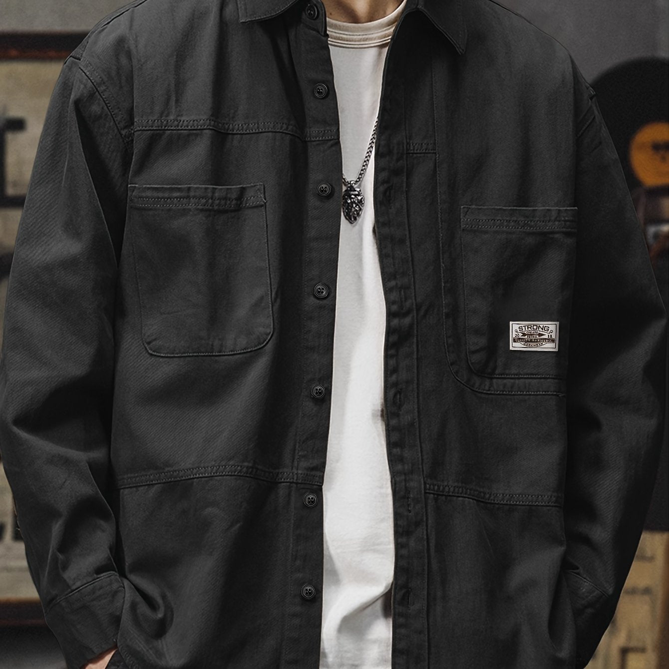 Men'S Vintage Olive Green Work Shirt - Loose Fit Long Sleeve Casual Button-Up with Multiple Pockets, Non-Stretch Fabric, Ideal for Spring/Fall, Casual Attire|Vintage Style Shirt|Durable Fabric Shirt