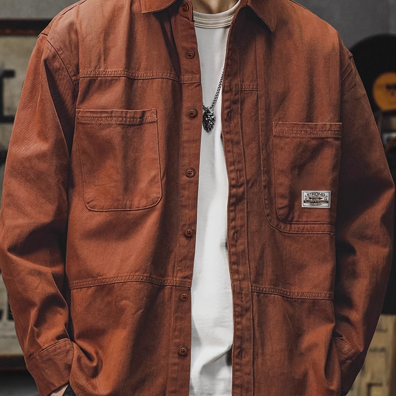 Men'S Vintage Olive Green Work Shirt - Loose Fit Long Sleeve Casual Button-Up with Multiple Pockets, Non-Stretch Fabric, Ideal for Spring/Fall, Casual Attire|Vintage Style Shirt|Durable Fabric Shirt