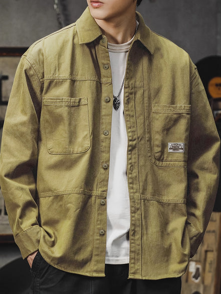 Men'S Vintage Olive Green Work Shirt - Loose Fit Long Sleeve Casual Button-Up with Multiple Pockets, Non-Stretch Fabric, Ideal for Spring/Fall, Casual Attire|Vintage Style Shirt|Durable Fabric Shirt