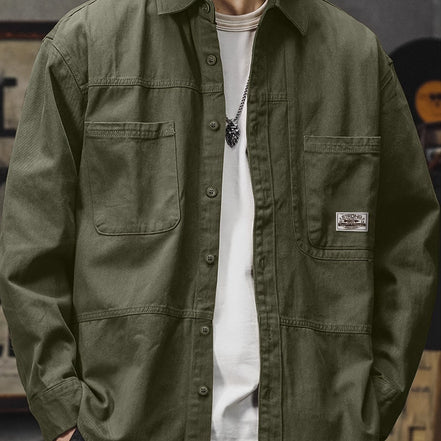 Men'S Vintage Olive Green Work Shirt - Loose Fit Long Sleeve Casual Button-Up with Multiple Pockets, Non-Stretch Fabric, Ideal for Spring/Fall, Casual Attire|Vintage Style Shirt|Durable Fabric Shirt
