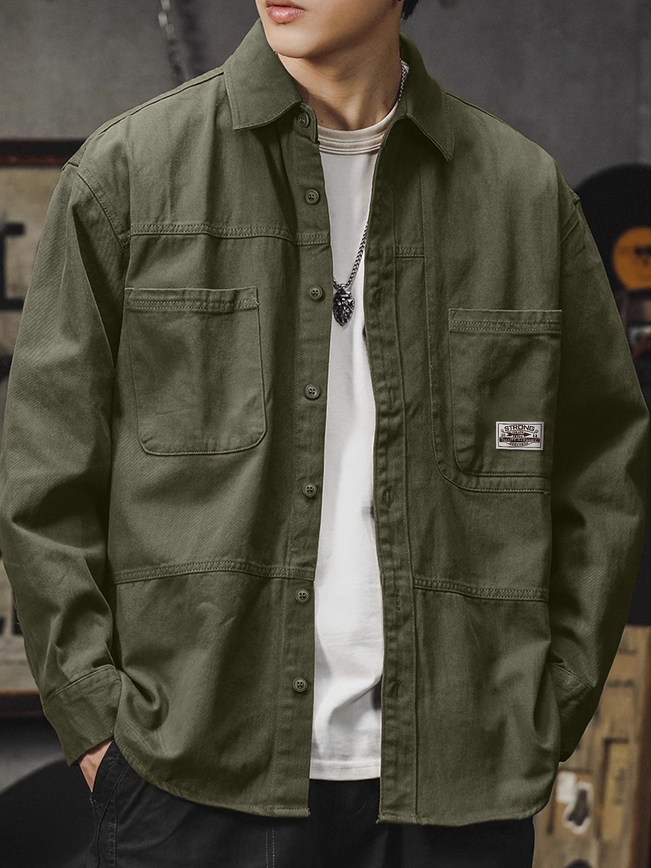 Men'S Vintage Olive Green Work Shirt - Loose Fit Long Sleeve Casual Button-Up with Multiple Pockets, Non-Stretch Fabric, Ideal for Spring/Fall, Casual Attire|Vintage Style Shirt|Durable Fabric Shirt