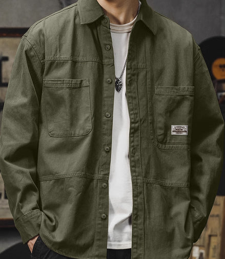 Men'S Vintage Olive Green Work Shirt - Loose Fit Long Sleeve Casual Button-Up with Multiple Pockets, Non-Stretch Fabric, Ideal for Spring/Fall, Casual Attire|Vintage Style Shirt|Durable Fabric Shirt