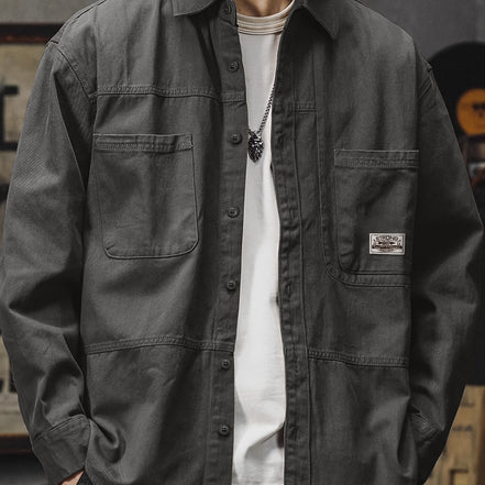 Men'S Vintage Olive Green Work Shirt - Loose Fit Long Sleeve Casual Button-Up with Multiple Pockets, Non-Stretch Fabric, Ideal for Spring/Fall, Casual Attire|Vintage Style Shirt|Durable Fabric Shirt