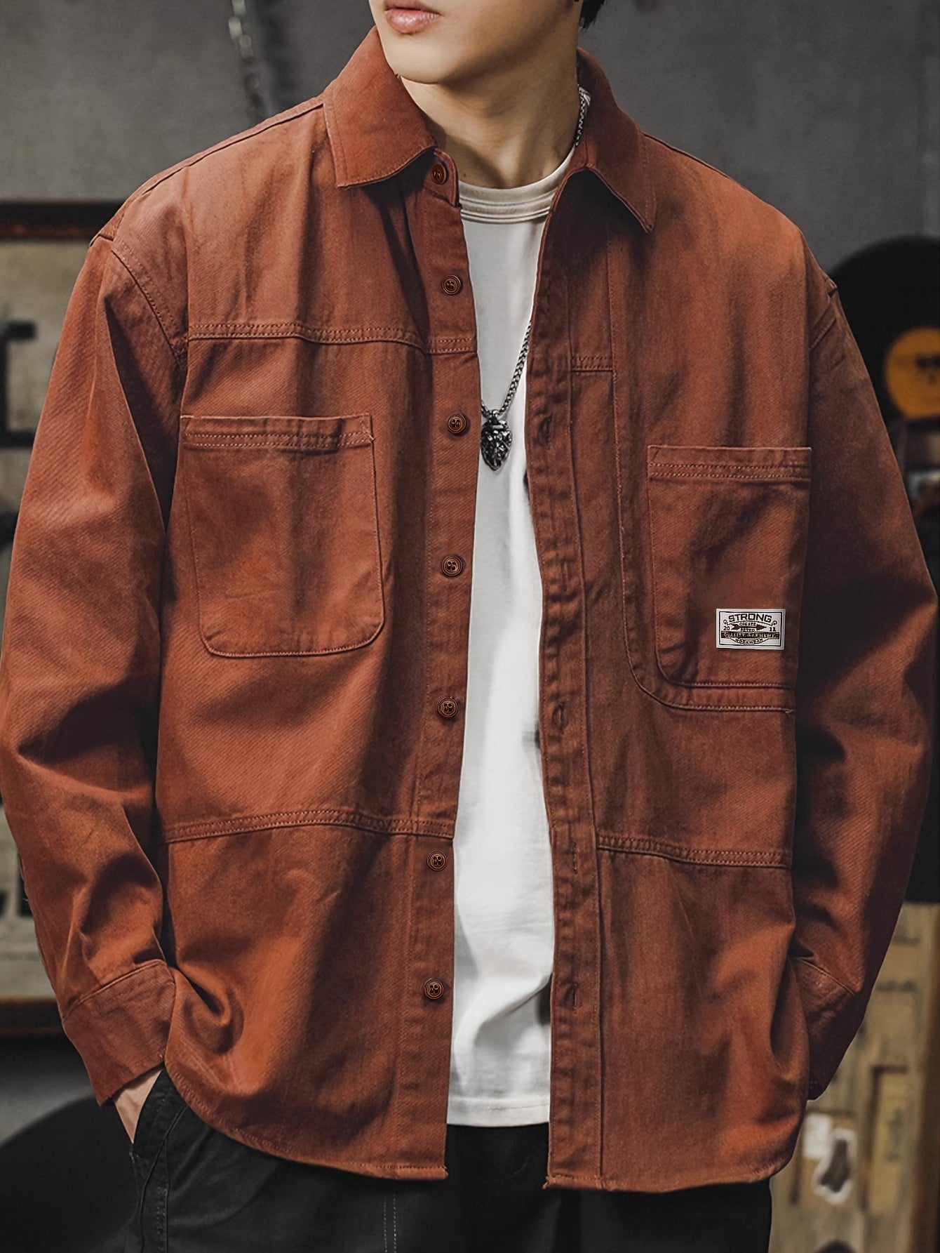 Men'S Vintage Olive Green Work Shirt - Loose Fit Long Sleeve Casual Button-Up with Multiple Pockets, Non-Stretch Fabric, Ideal for Spring/Fall, Casual Attire|Vintage Style Shirt|Durable Fabric Shirt