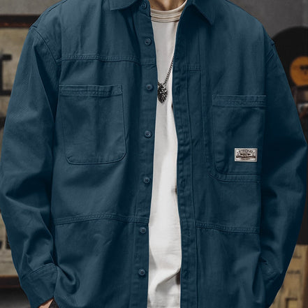 Men'S Vintage Olive Green Work Shirt - Loose Fit Long Sleeve Casual Button-Up with Multiple Pockets, Non-Stretch Fabric, Ideal for Spring/Fall, Casual Attire|Vintage Style Shirt|Durable Fabric Shirt
