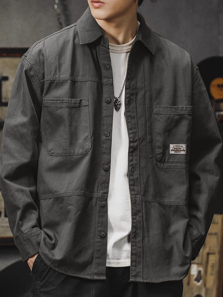 Men'S Vintage Olive Green Work Shirt - Loose Fit Long Sleeve Casual Button-Up with Multiple Pockets, Non-Stretch Fabric, Ideal for Spring/Fall, Casual Attire|Vintage Style Shirt|Durable Fabric Shirt