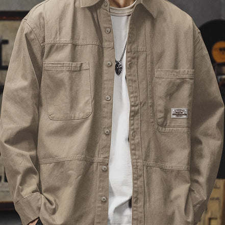 Men'S Vintage Olive Green Work Shirt - Loose Fit Long Sleeve Casual Button-Up with Multiple Pockets, Non-Stretch Fabric, Ideal for Spring/Fall, Casual Attire|Vintage Style Shirt|Durable Fabric Shirt