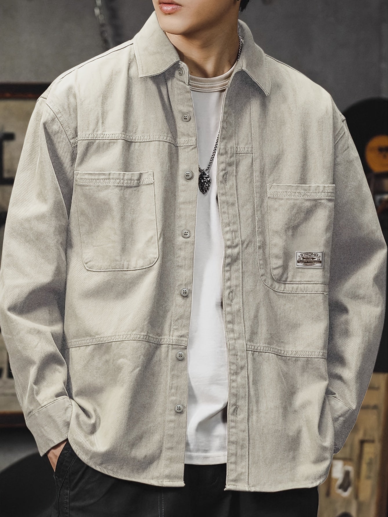 Men'S Vintage Olive Green Work Shirt - Loose Fit Long Sleeve Casual Button-Up with Multiple Pockets, Non-Stretch Fabric, Ideal for Spring/Fall, Casual Attire|Vintage Style Shirt|Durable Fabric Shirt